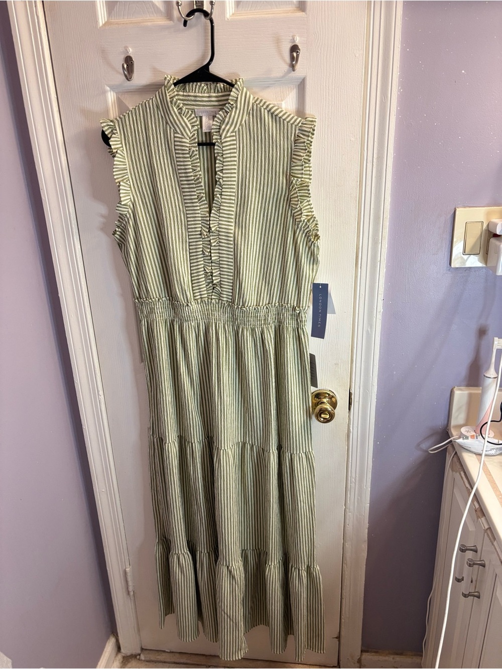 London Times Green and White Striped Maxi Dress with Ruffle Trim